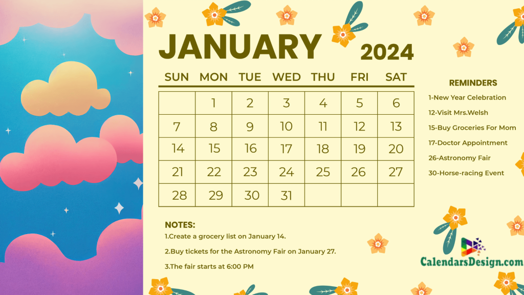 Print Cute January 2024 Calendar