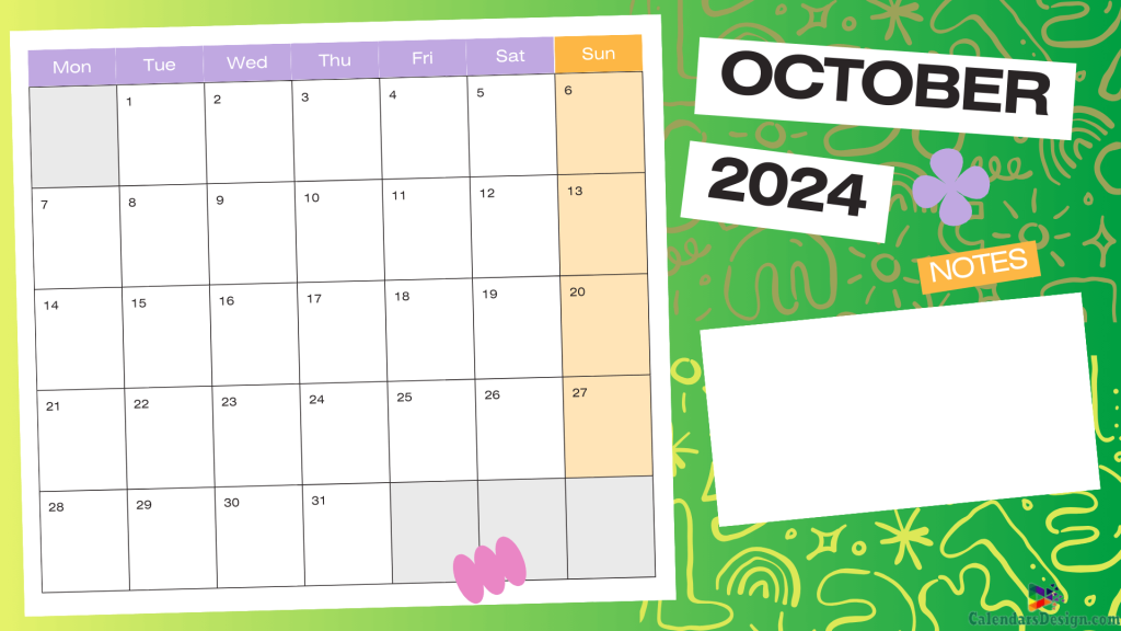 Green & White October 2024 Calendar